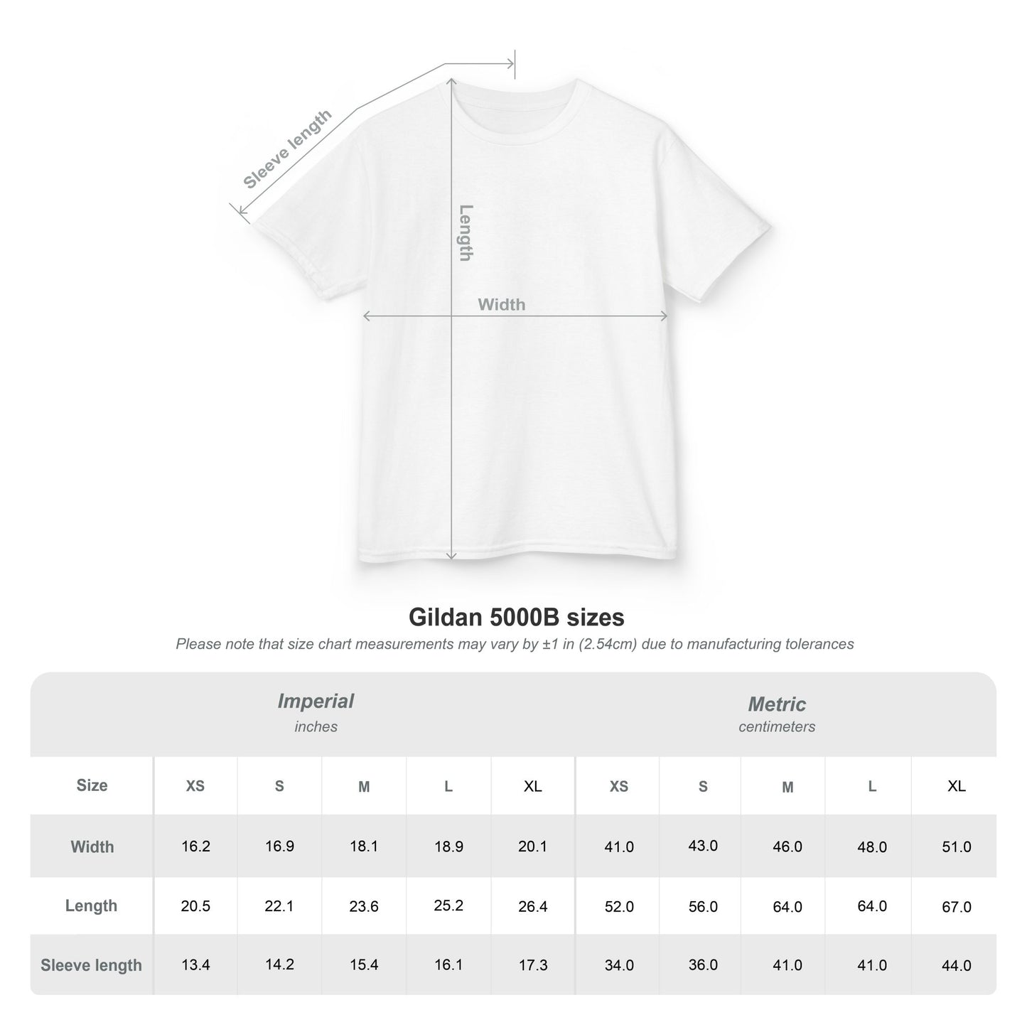 Gildan 5000B size chart for kids’ t-shirts showing width, length, and sleeve measurements in inches and centimeters.