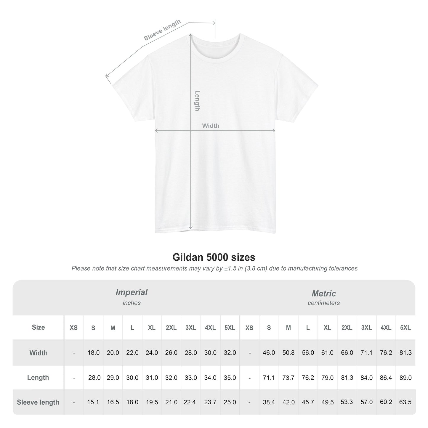 Size chart for the Gildan 5000 unisex t-shirt, showing measurements for width, length, and sleeve length in inches and centimeters for sizes S to 5XL.