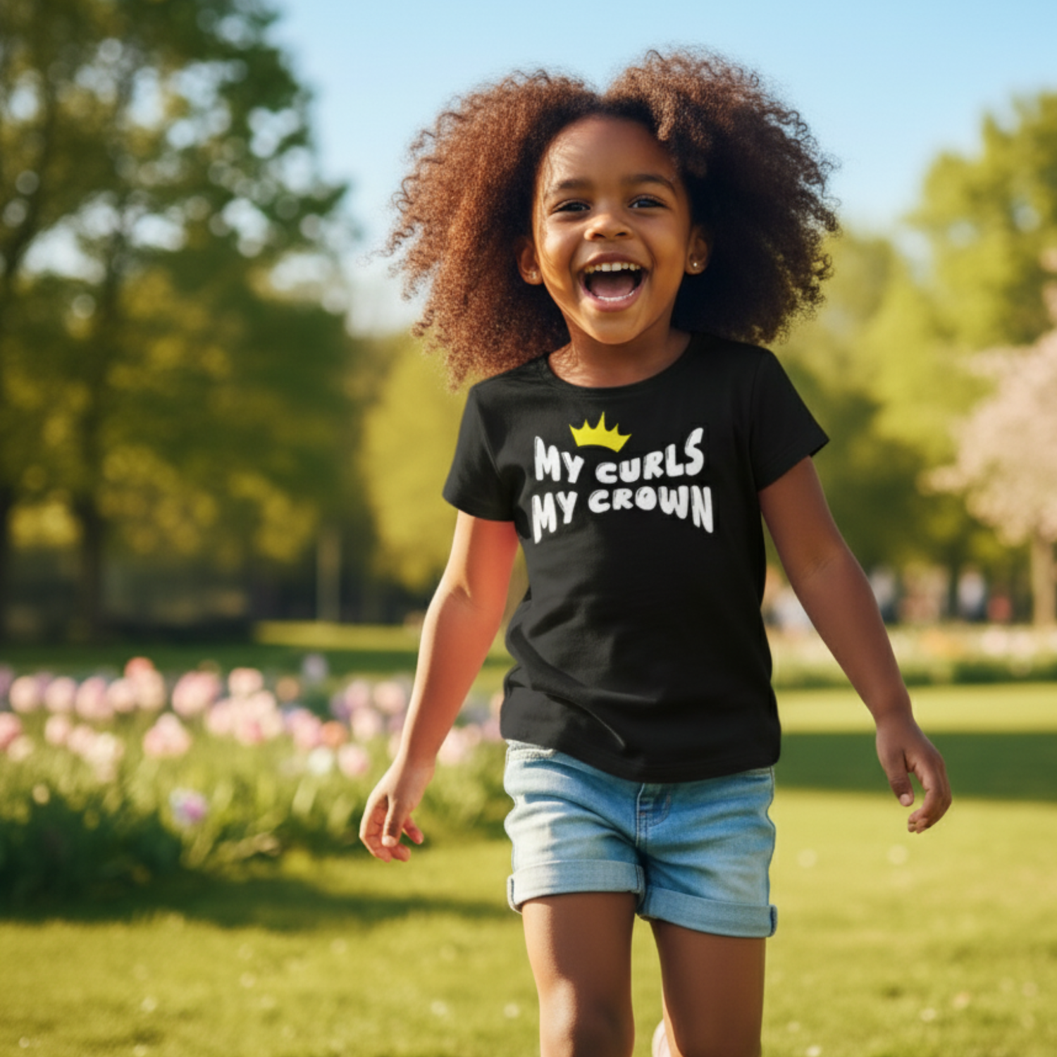 Smiling curly-haired girl running in a park wearing a black “My Curls My Crown” t-shirt.