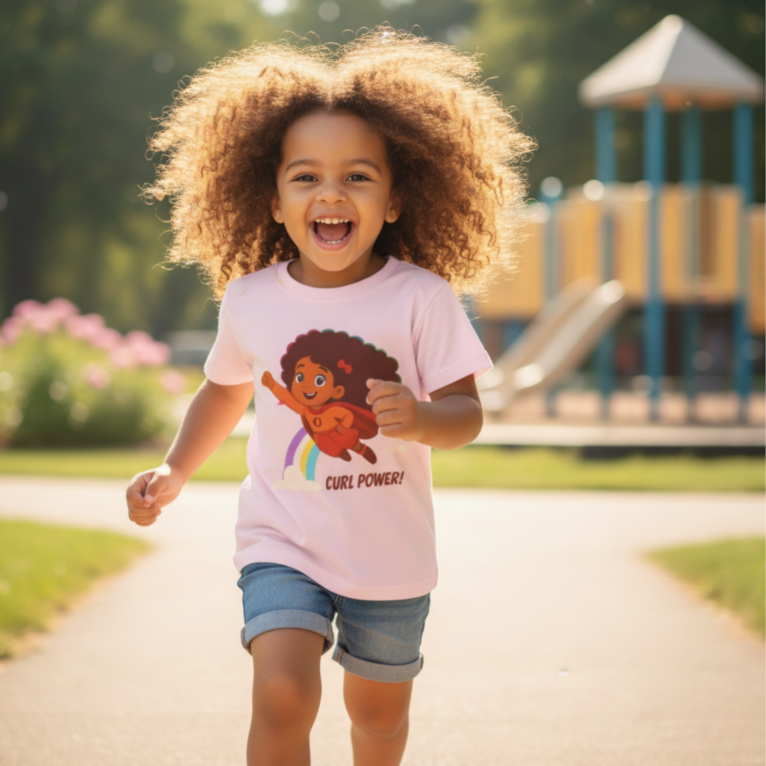 Smiling curly-haired girl running at a playground wearing a pink “Curl Power” t-shirt.
