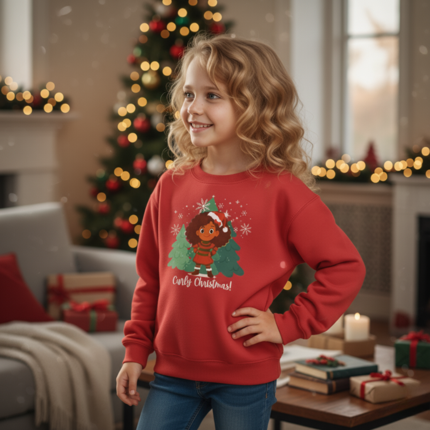 Smiling curly-haired girl wearing a red “Curly Christmas” sweatshirt in a decorated holiday living room.