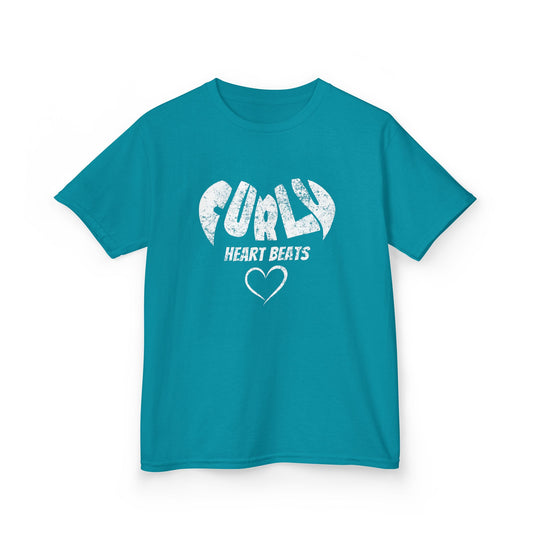 Tropical blue t-shirt with the text “Curly Heart Beats” and a white heart graphic.