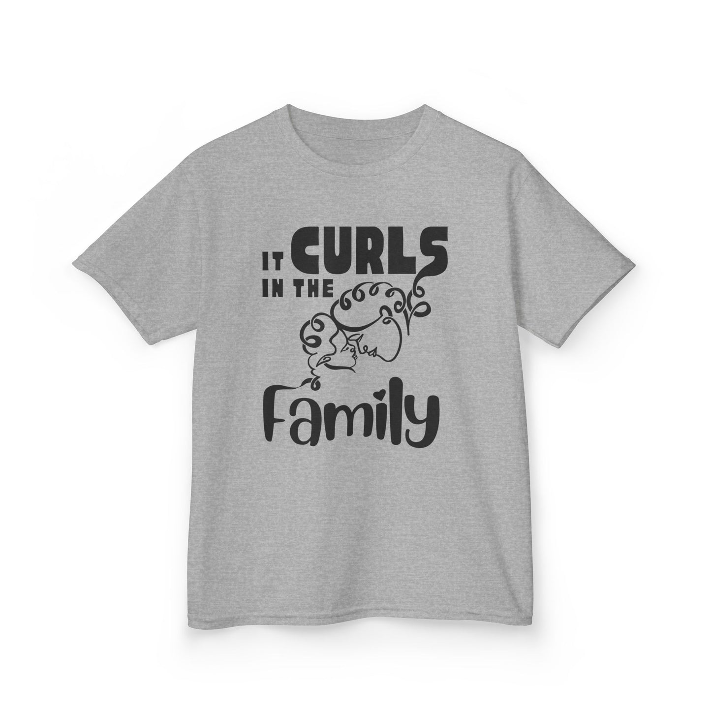 Sport Grey t-shirt with the text “It Curls in the Family” and a curly-haired family illustration in black.