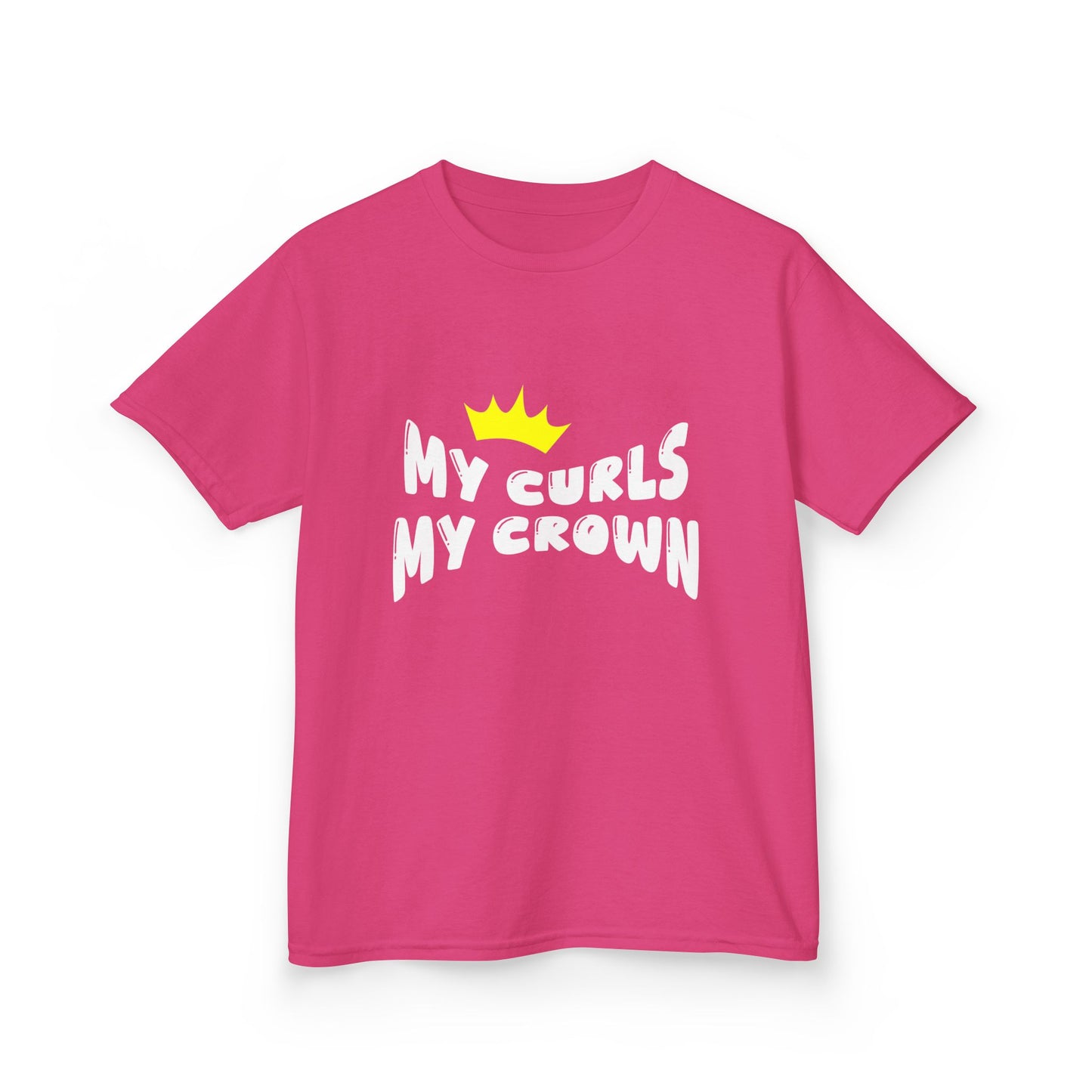 Heliconia t-shirt with the text “My Curls My Crown” and a yellow crown graphic.