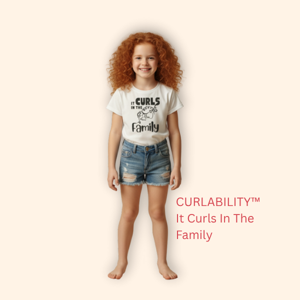 Smiling curly-haired girl standing in a studio wearing a white “It Curls in the Family” t-shirt and denim shorts.