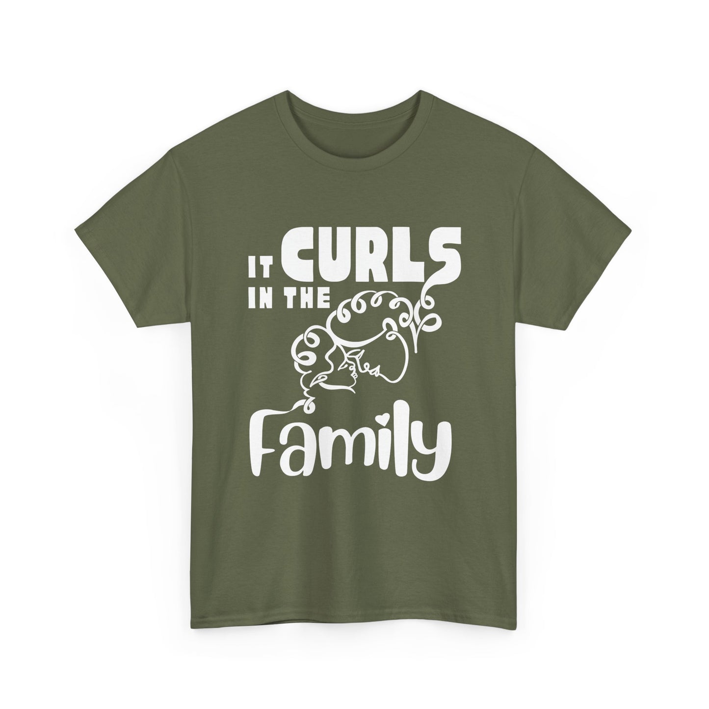 Olive green t-shirt with the text “It Curls in the Family” and a curly-haired family illustration in White.