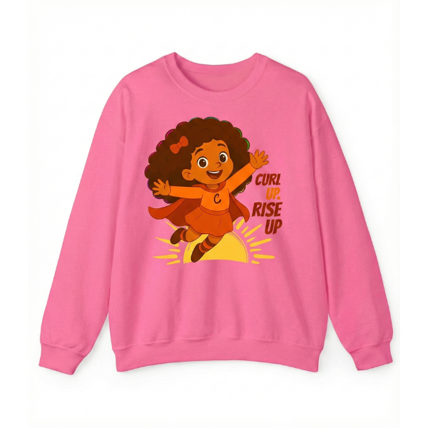 Pink kids’ crewneck sweatshirt featuring the “Curl Up. Rise Up.” curly-hair superhero graphic.