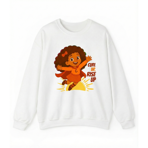 White kids’ crewneck sweatshirt with the “Curl Up. Rise Up.” curly-hair superhero design.