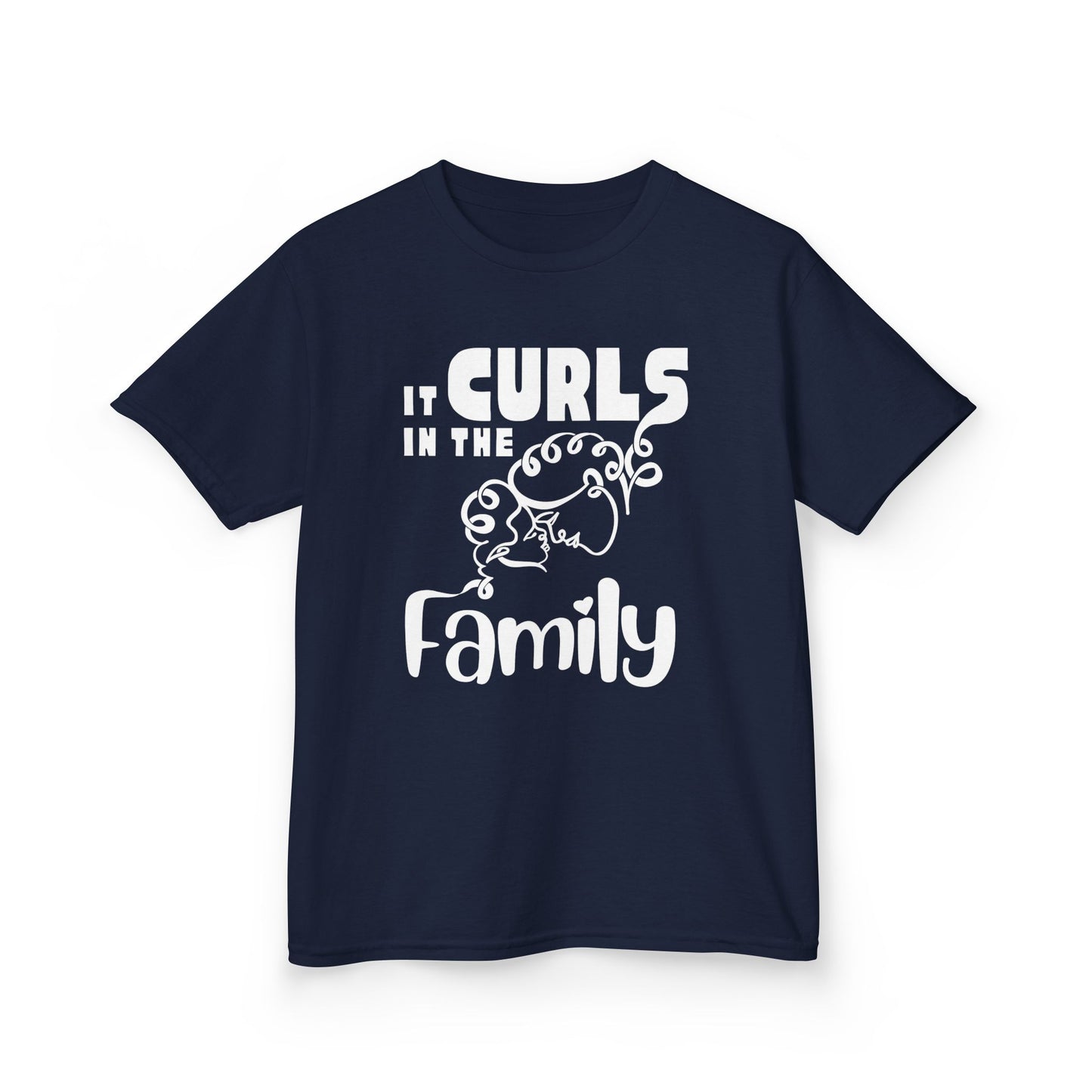 Navy t-shirt with the text “It Curls in the Family” and a curly-haired family illustration in White.