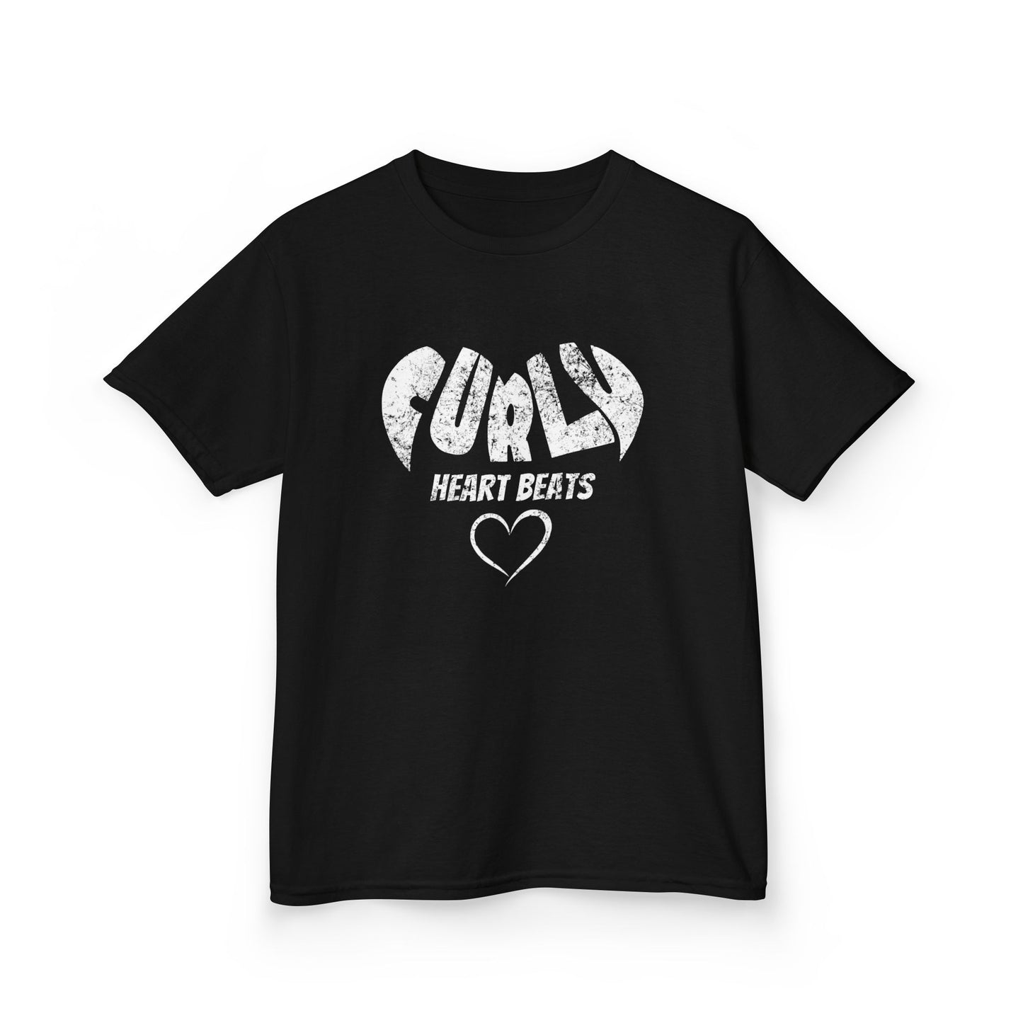 Black t-shirt with the text “Curly Heart Beats” and a white heart graphic.