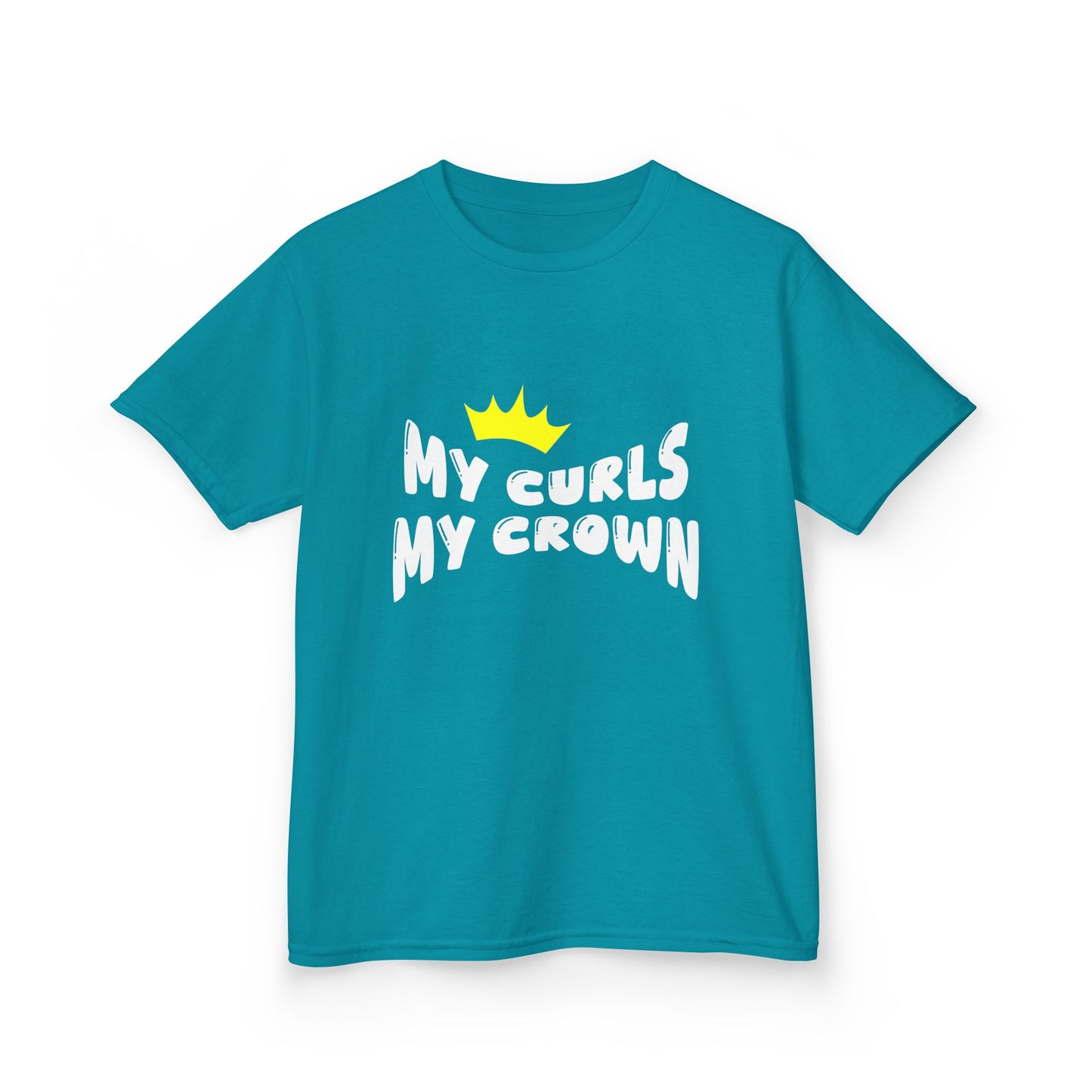 Tropical blue t-shirt with the text “My Curls My Crown” and a yellow crown graphic.