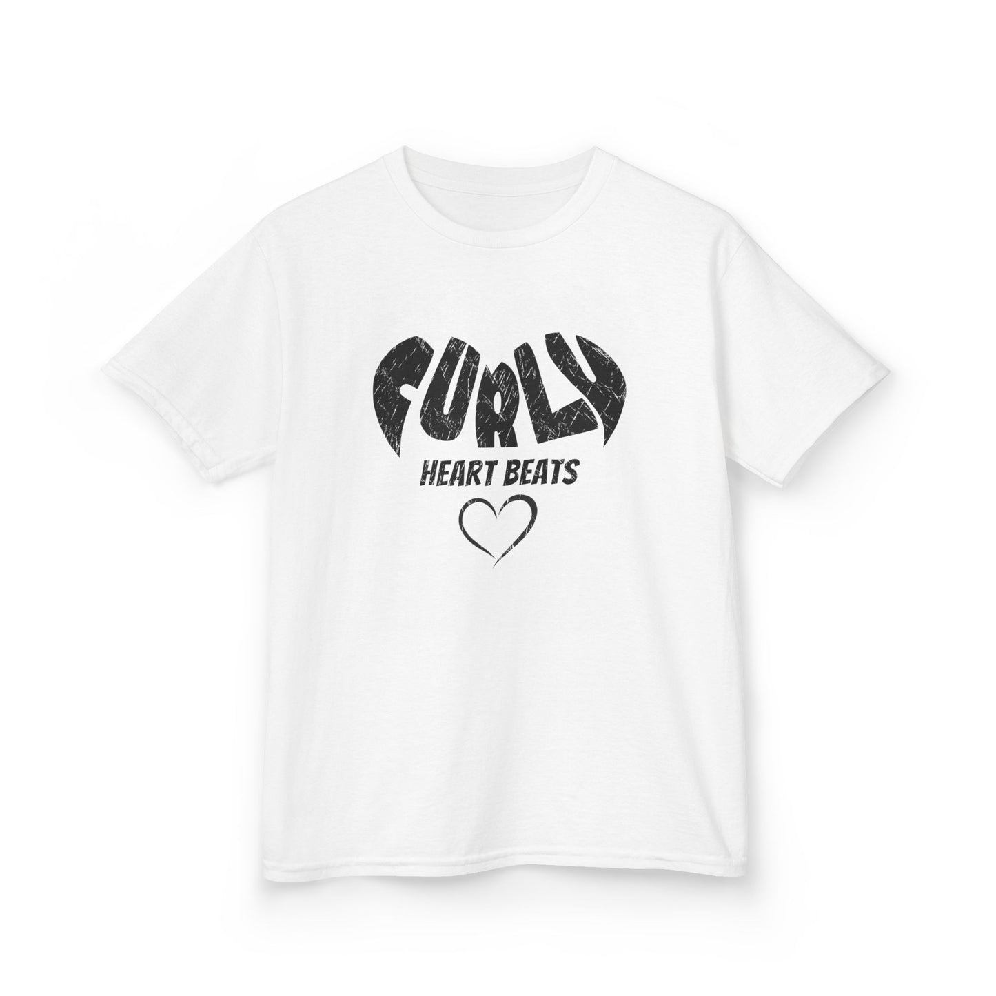 White t-shirt with the text “Curly Heart Beats” and a small black heart graphic.