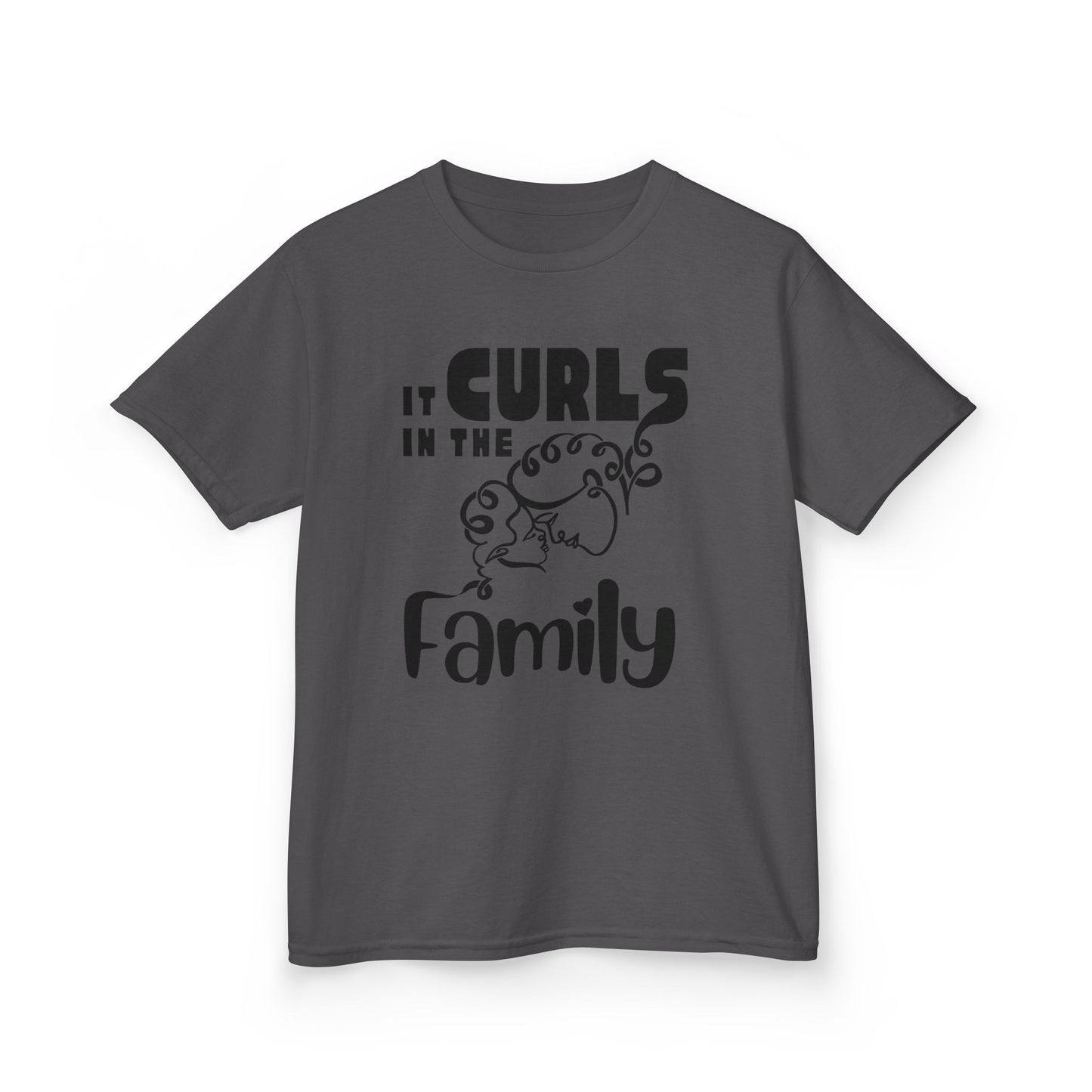Charcoal t-shirt with the text “It Curls in the Family” and a curly-haired family illustration in black.