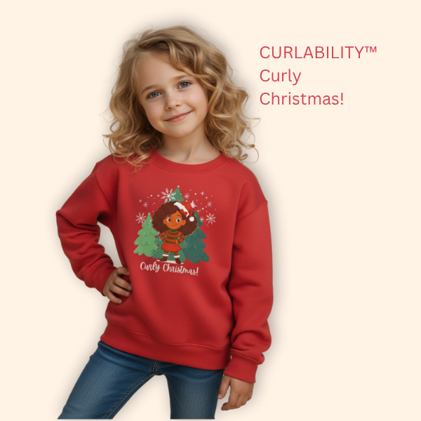 Smiling curly-haired girl wearing a red “Curly Christmas!” sweatshirt with a festive illustrated design of a girl in a Santa hat standing by Christmas trees.