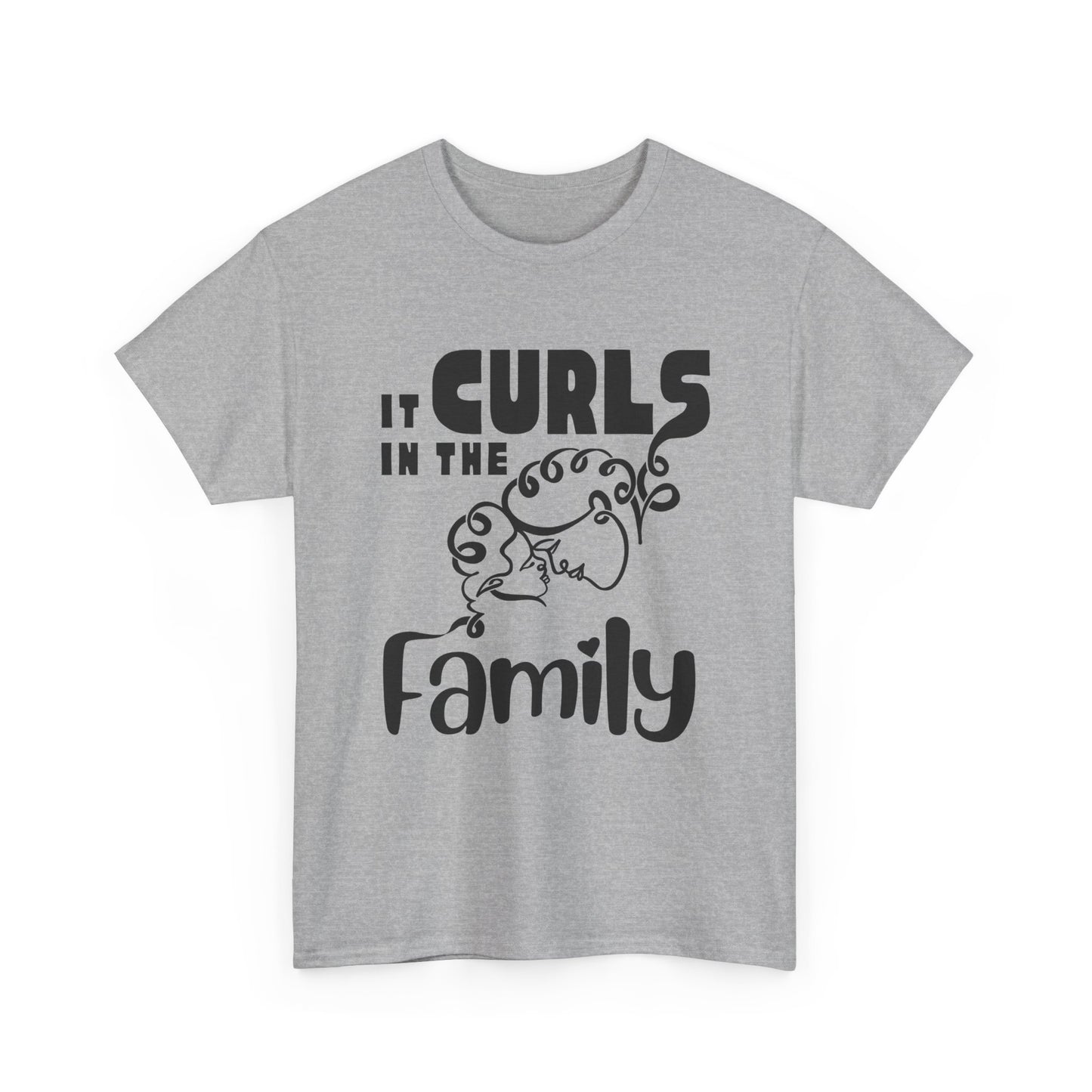 Sport Grey t-shirt with the text “It Curls in the Family” and a curly-haired family illustration in black.