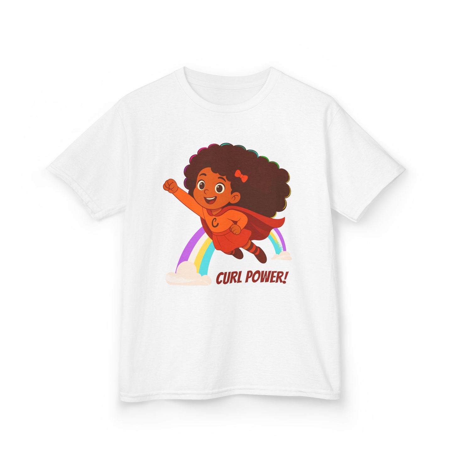 White t-shirt with a curly-haired superhero girl illustration flying over a rainbow and the text “Curl Power!”.