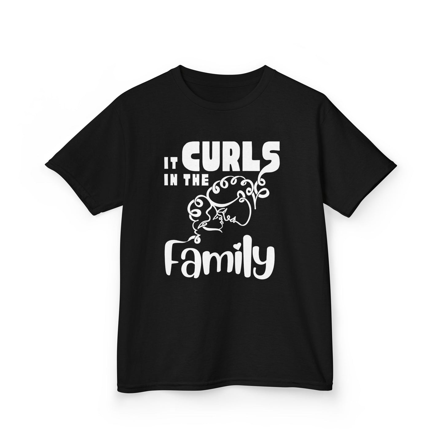 Blackt t-shirt with the text “It Curls in the Family” and a curly-haired family illustration in White.