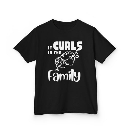 Blackt t-shirt with the text “It Curls in the Family” and a curly-haired family illustration in White.
