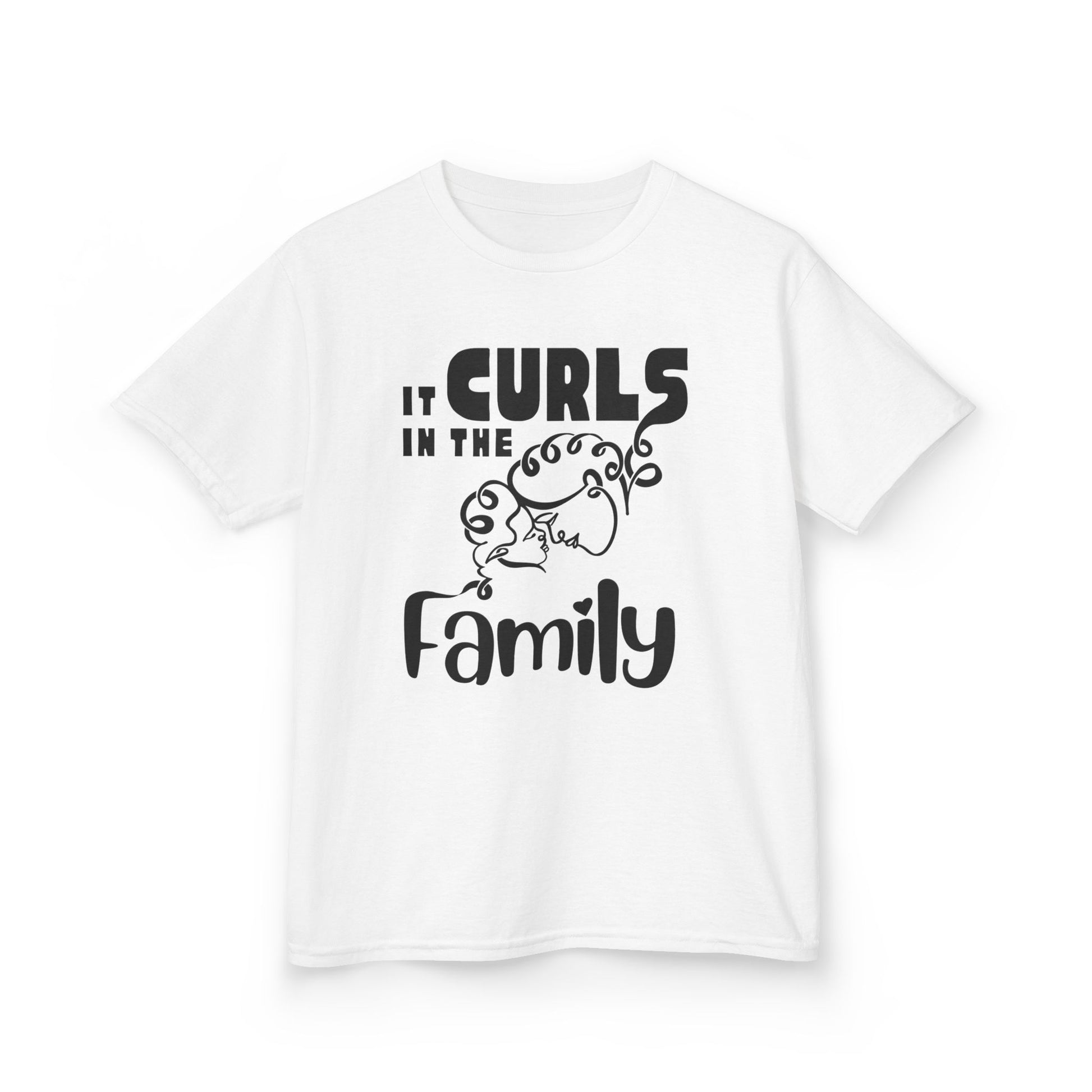 White t-shirt with the text “It Curls in the Family” and a curly-haired family illustration in black.