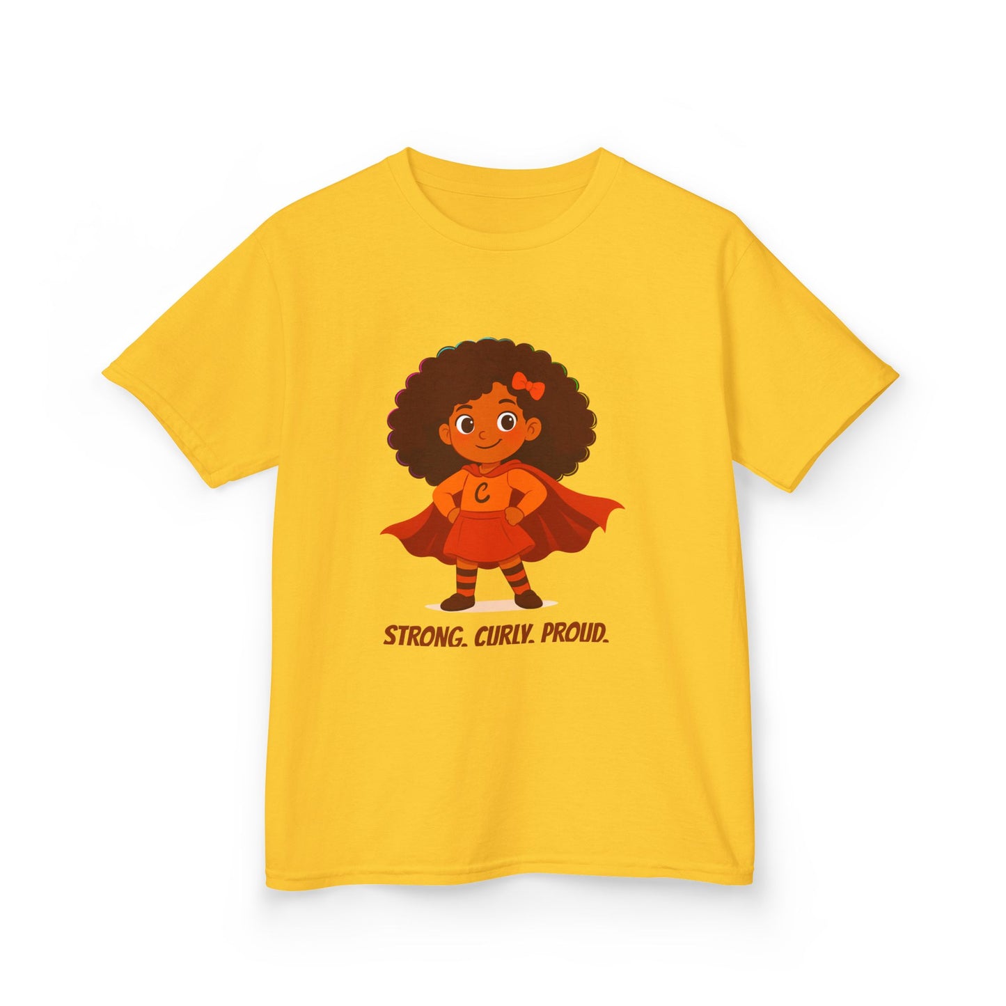 Yellow t-shirt with a curly-haired superhero girl illustration and the text “Strong. Curly. Proud.”
