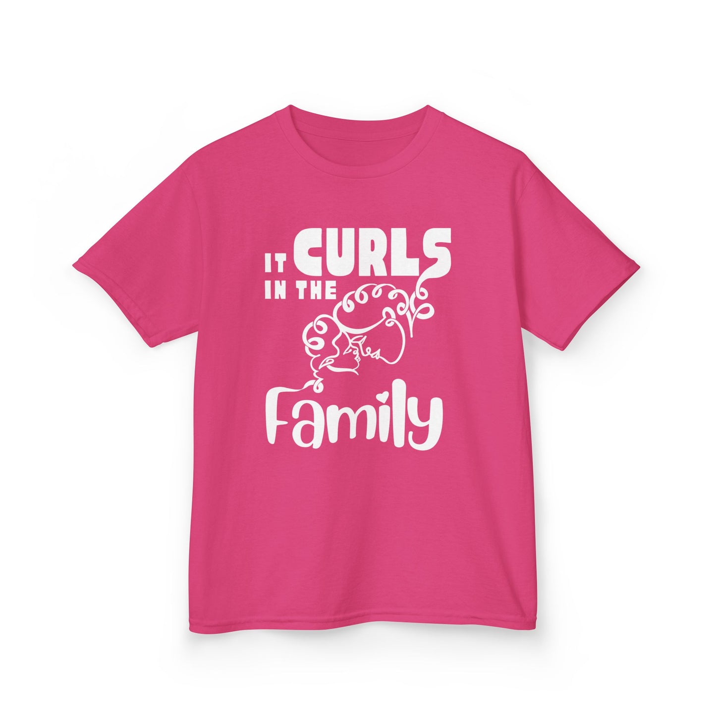 Heliconia t-shirt with the text “It Curls in the Family” and a curly-haired family illustration in White.
