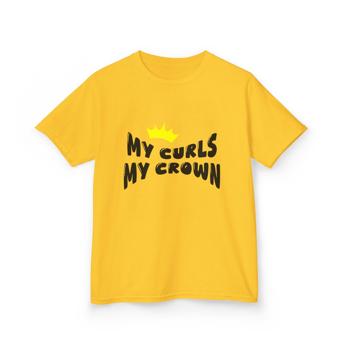 Yellow t-shirt with the text “My Curls My Crown” and a small yellow crown graphic.