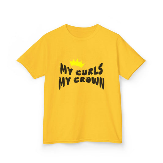 Yellow t-shirt with the text “My Curls My Crown” and a small yellow crown graphic.