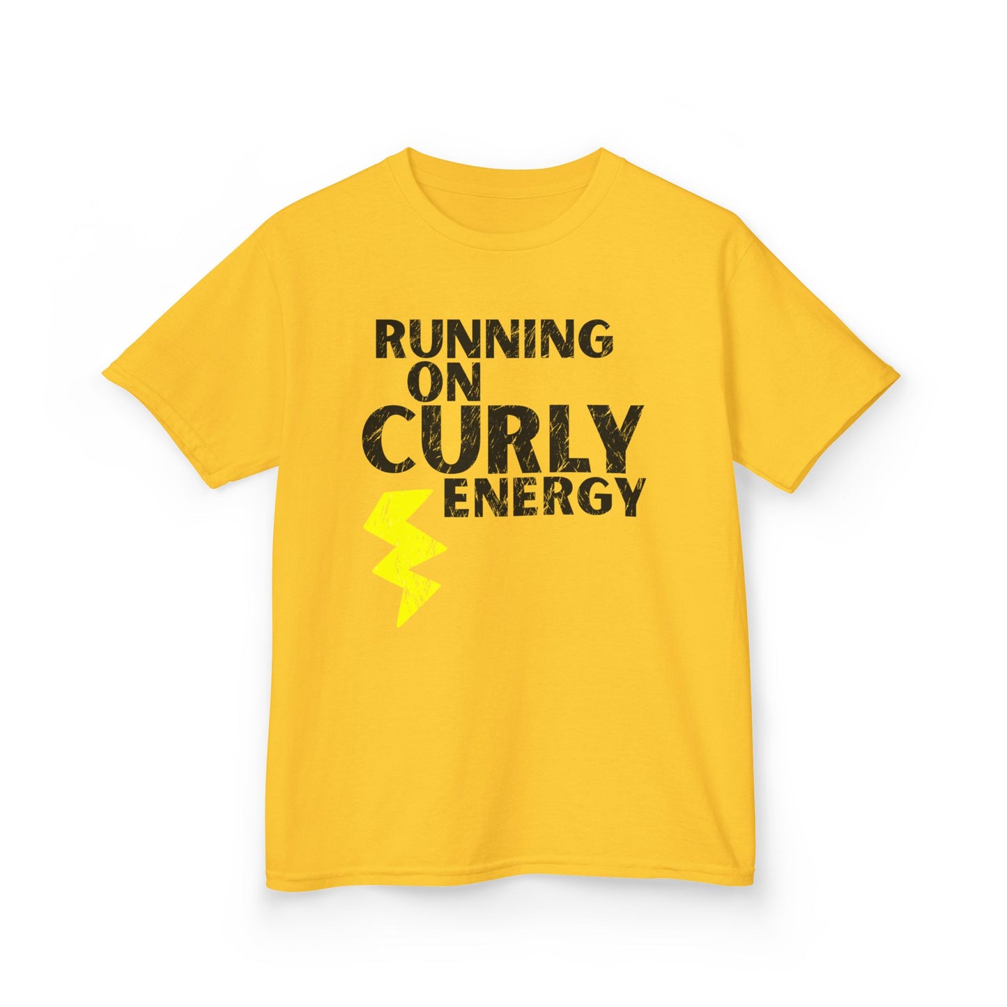 Yellow t-shirt with the text “Running on Curly Energy” and a yellow lightning bolt graphic.