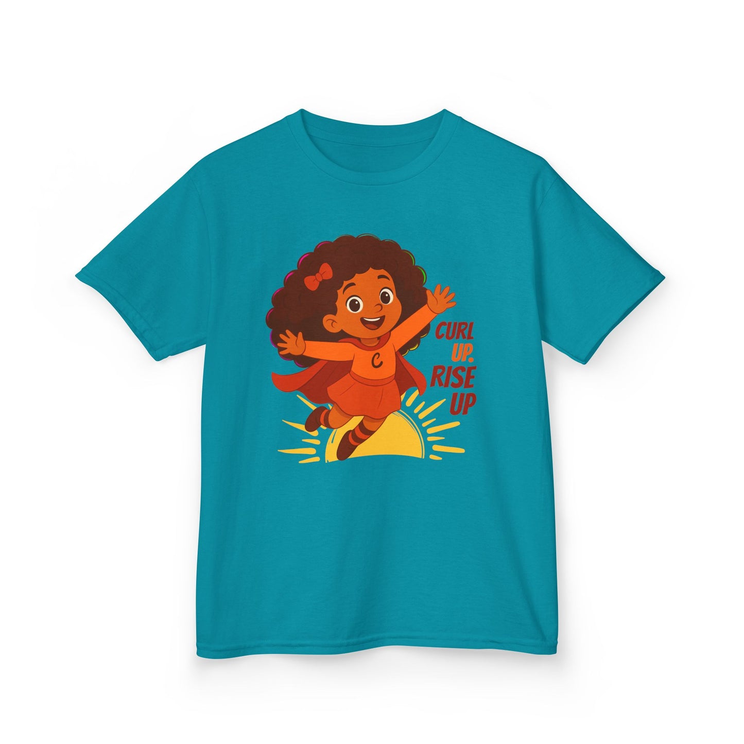 Tropical blue t-shirt with a curly-haired superhero girl illustration and the text “Curl Up. Rise Up.”