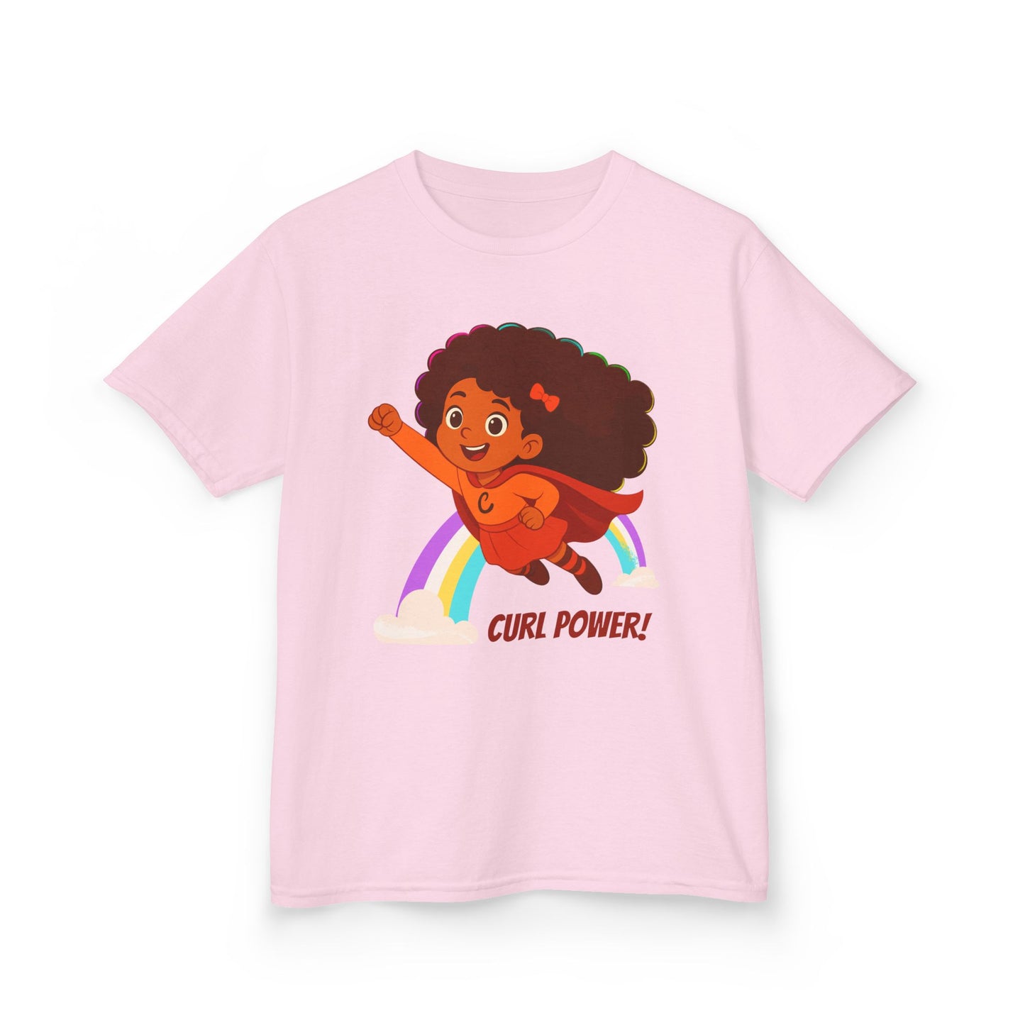 Light pink t-shirt with a curly-haired superhero girl illustration flying over a rainbow and the text “Curl Power!”.