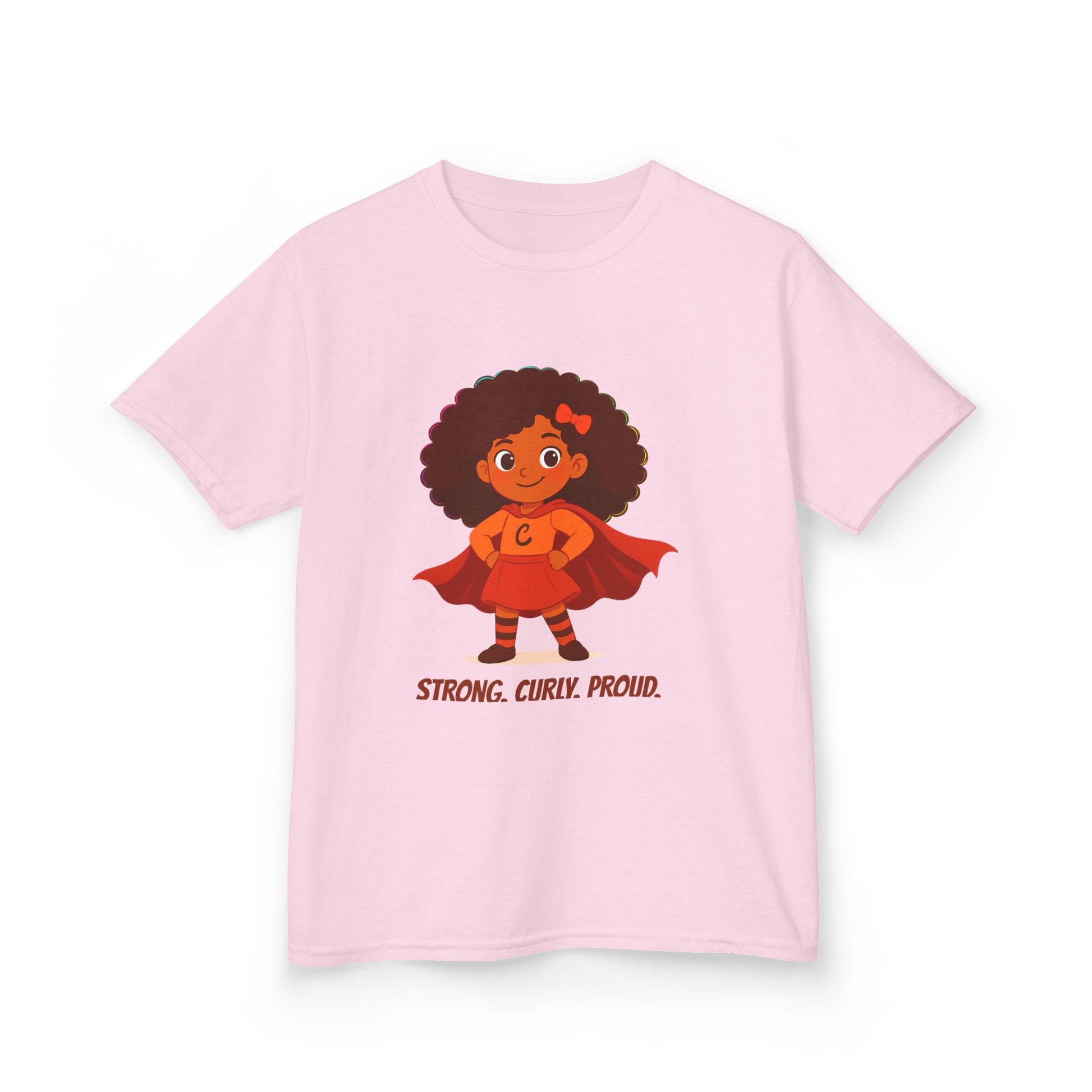 Light Pink t-shirt with a curly-haired superhero girl illustration and the text “Strong. Curly. Proud.”