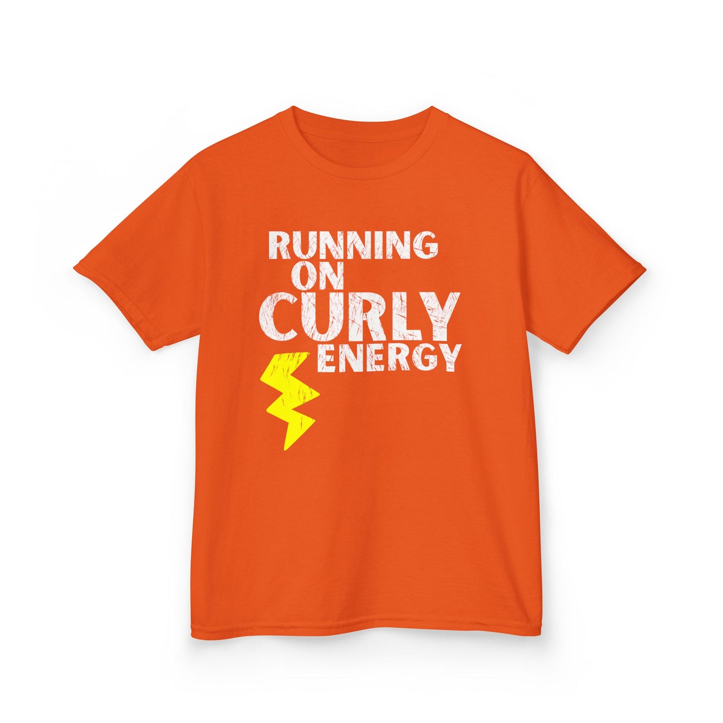 Orange t-shirt with the text “Running on Curly Energy” and a yellow lightning bolt graphic.