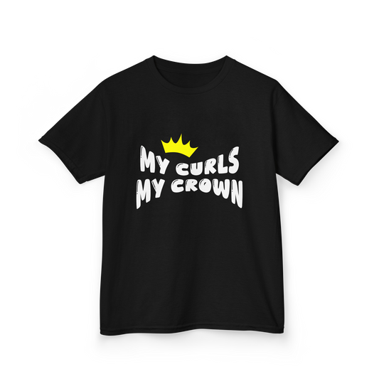 Black t-shirt with the text “My Curls My Crown” and a yellow crown graphic.