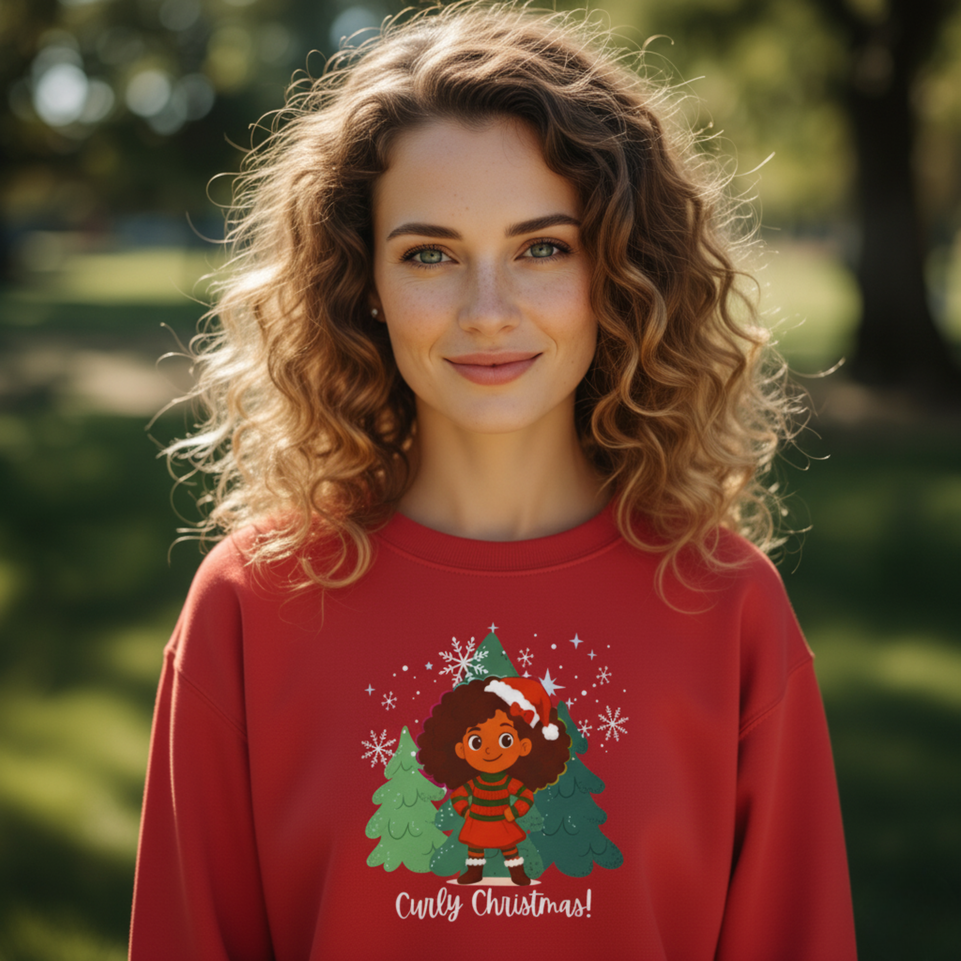 Woman with curly hair wearing a red “Curly Christmas” sweatshirt, smiling outdoors in soft natural light.