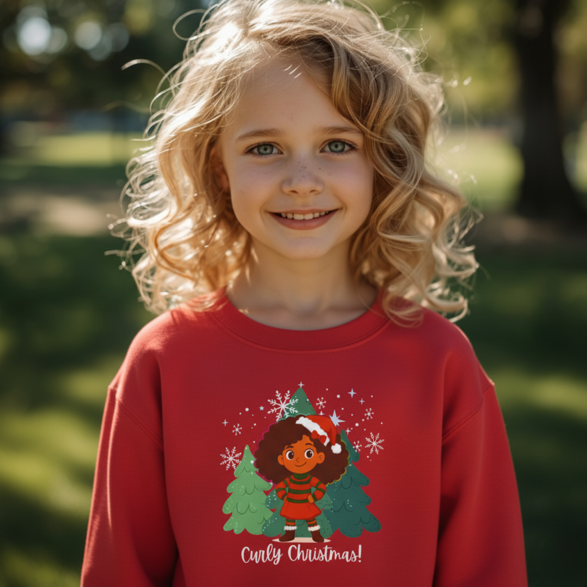 Smiling blonde curly-haired girl wearing a red “Curly Christmas!” sweatshirt with a festive illustrated design, standing outdoors in natural sunlight.