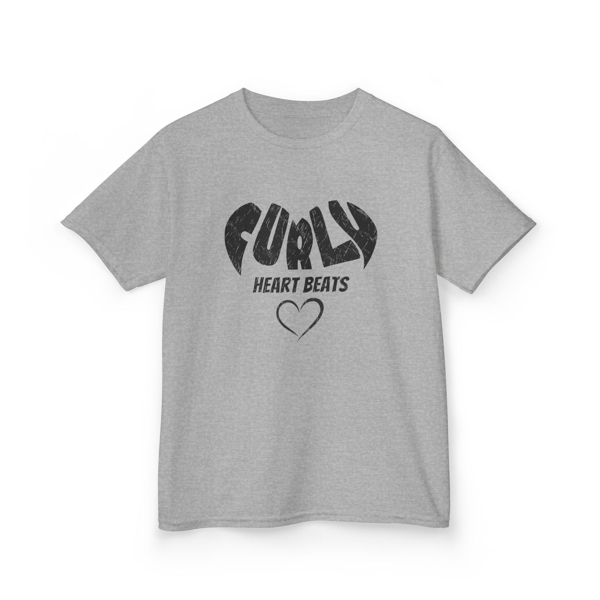 Sport grey t-shirt with the text “Curly Heart Beats” and a small heart graphic in black.