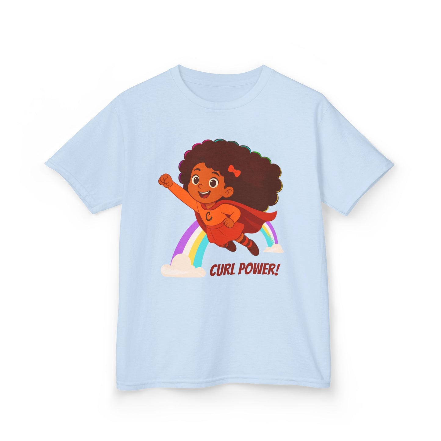 Light blue t-shirt with a curly-haired superhero girl illustration flying over a rainbow and the text “Curl Power!”.