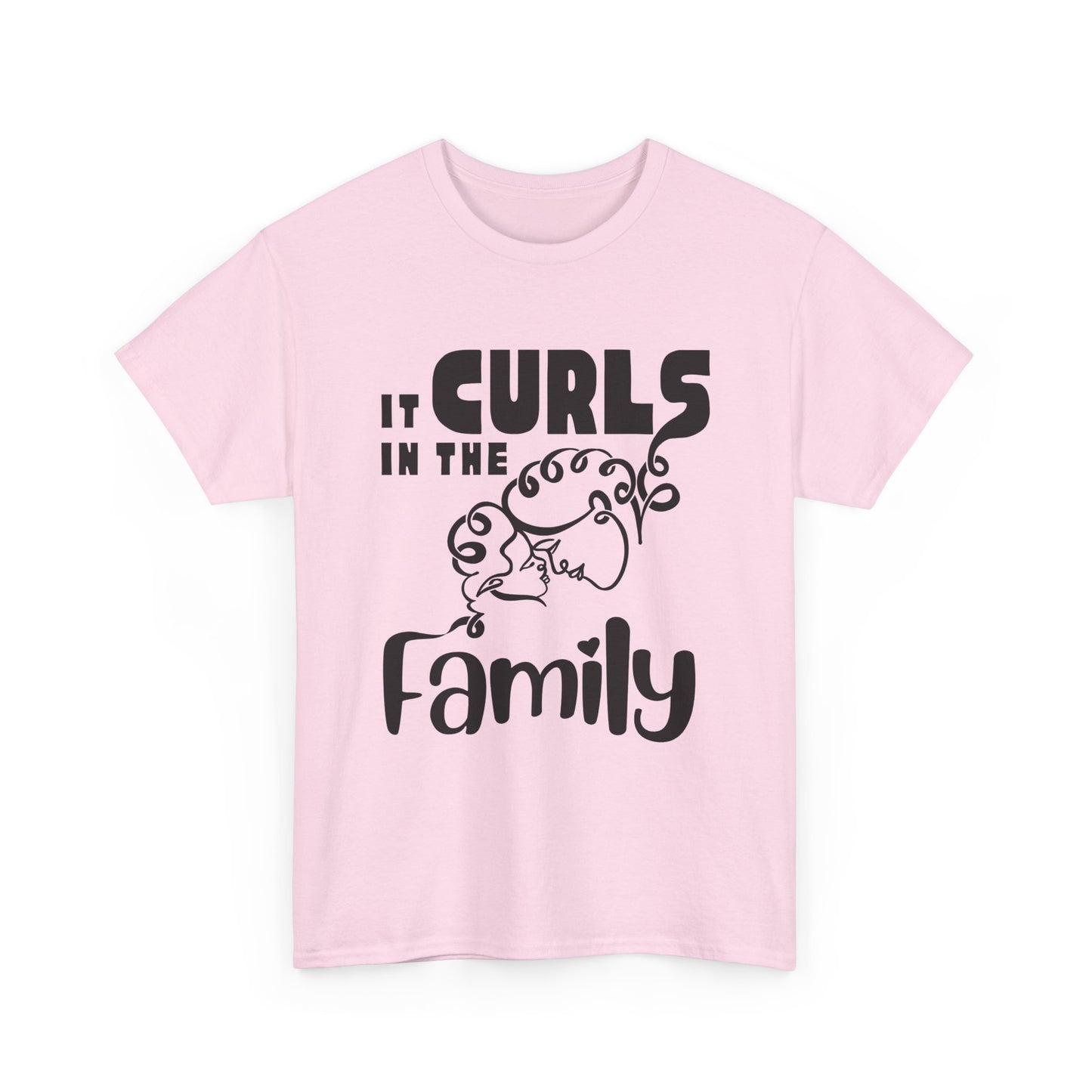 Light pink t-shirt with the text “It Curls in the Family” and a curly-haired family illustration in black.