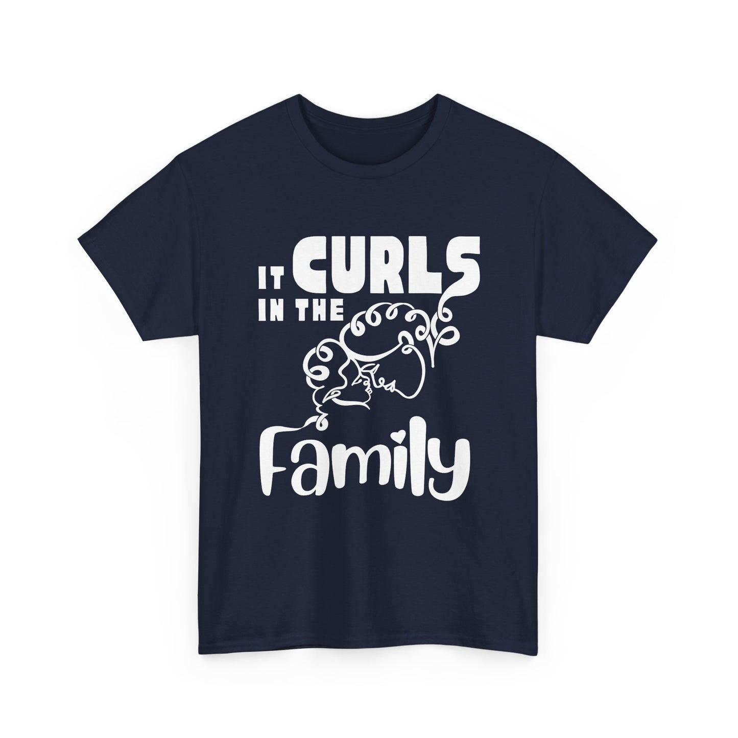 Navy t-shirt with the text “It Curls in the Family” and a curly-haired family illustration in White.