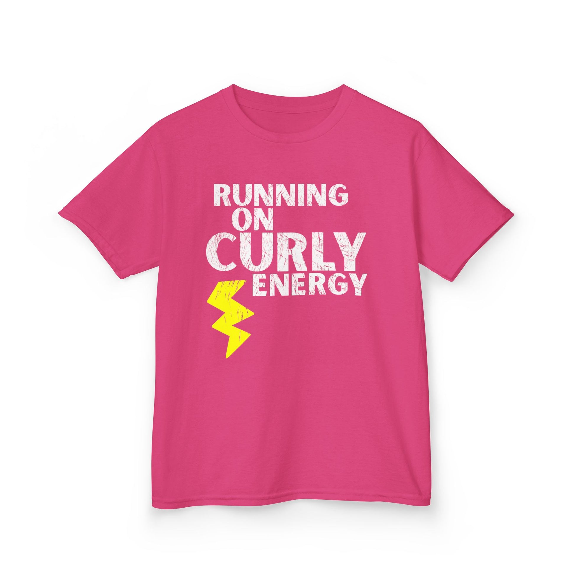 Heliconia t-shirt with the text “Running on Curly Energy” and a yellow lightning bolt graphic.