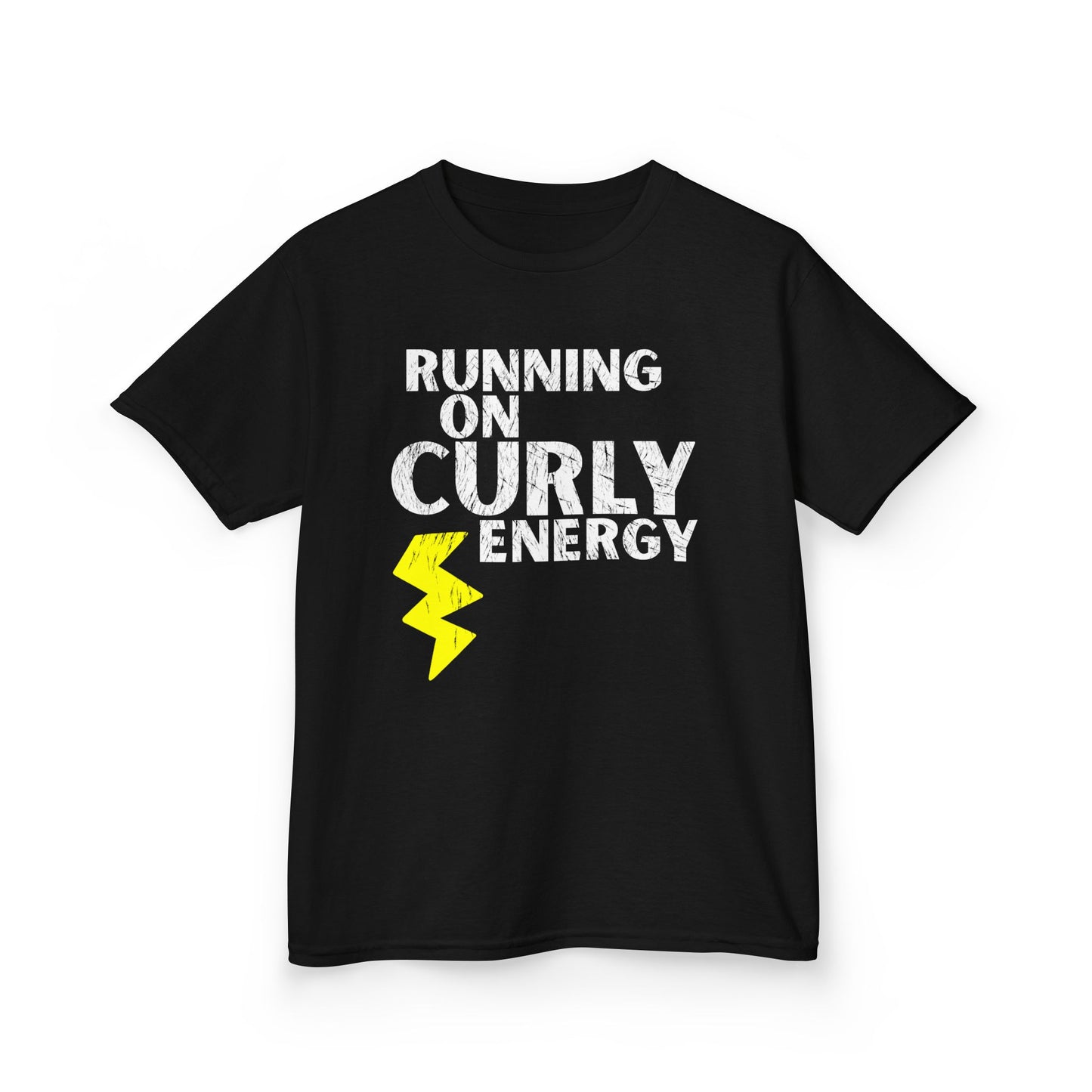 Black t-shirt with the text “Running on Curly Energy” and a yellow lightning bolt graphic.