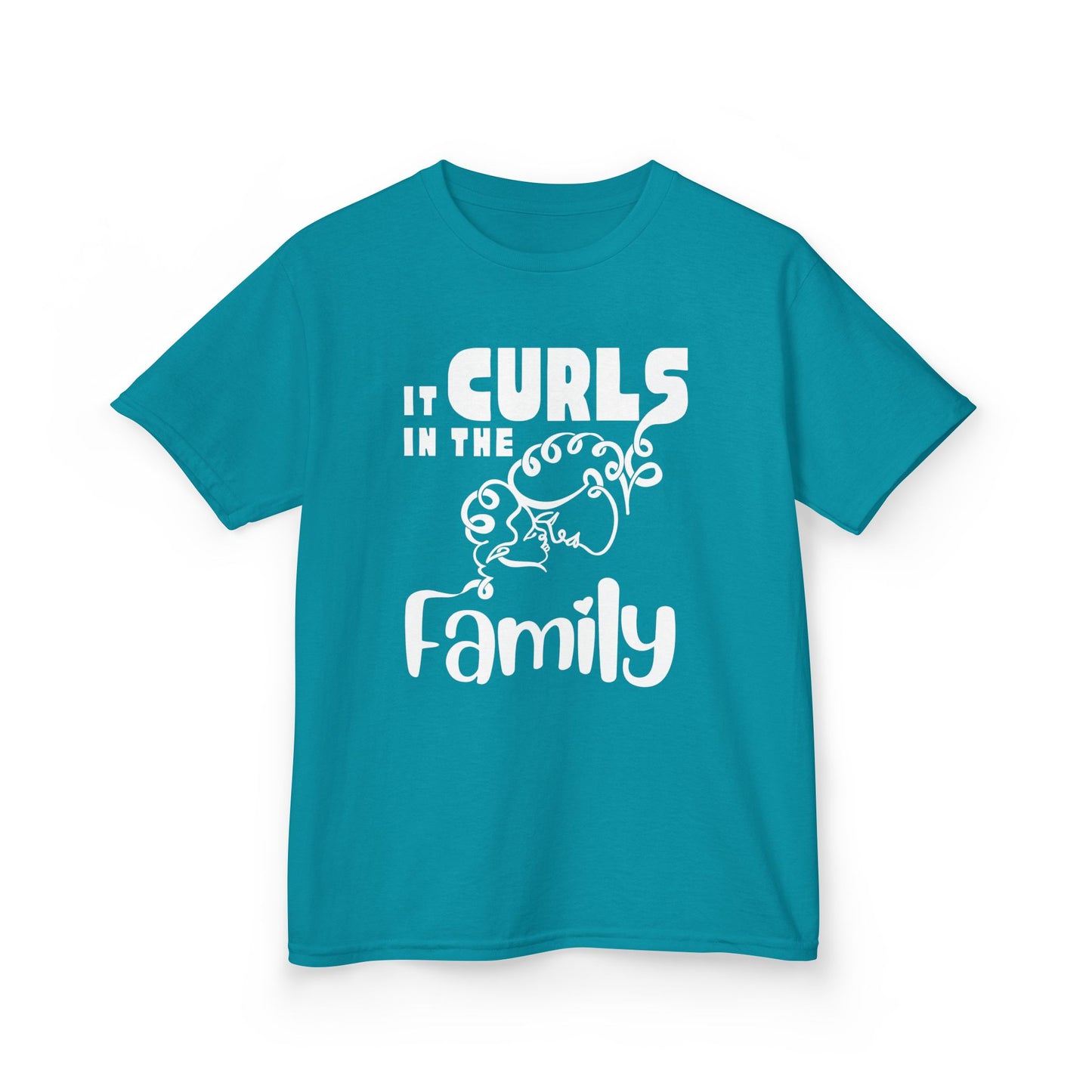 Tropical blue t-shirt with the text “It Curls in the Family” and a curly-haired family illustration in White.