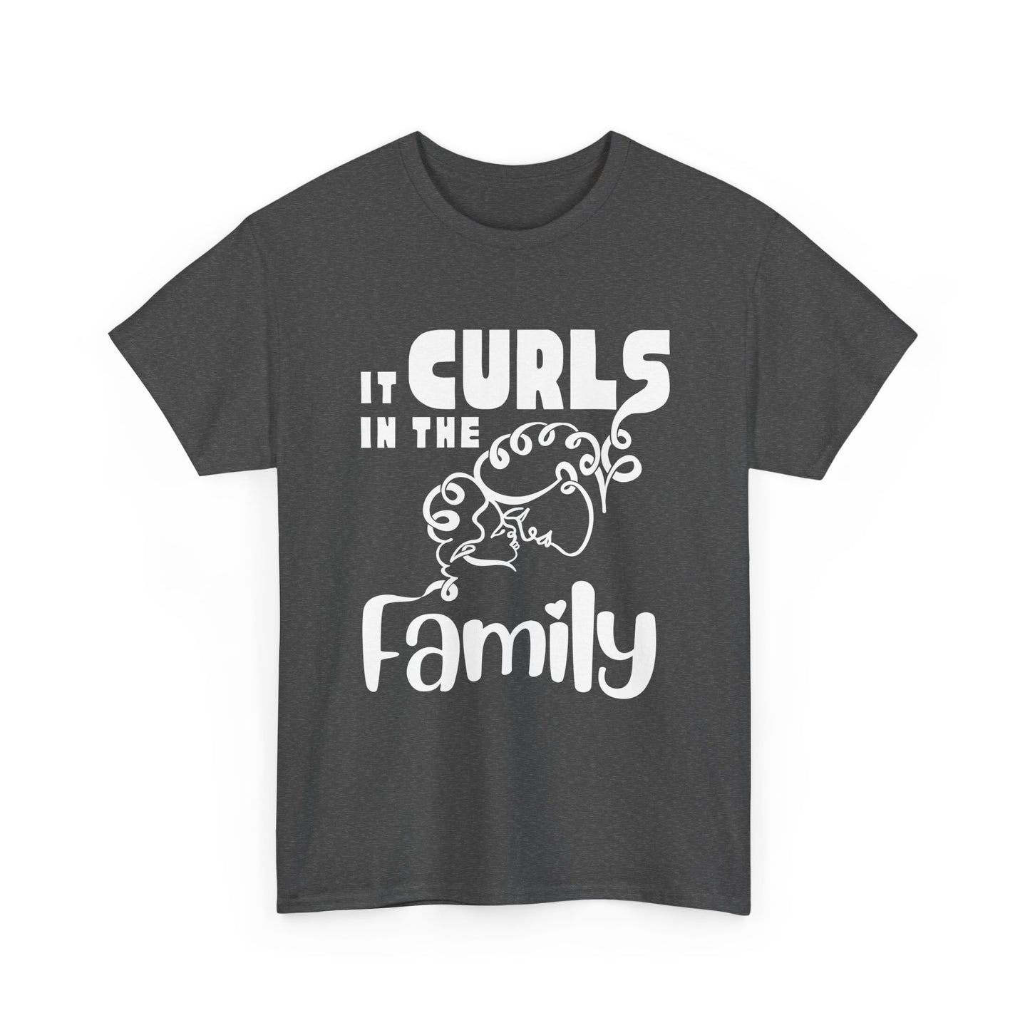 Grey t-shirt with the text “It Curls in the Family” and a curly-haired family illustration in White.