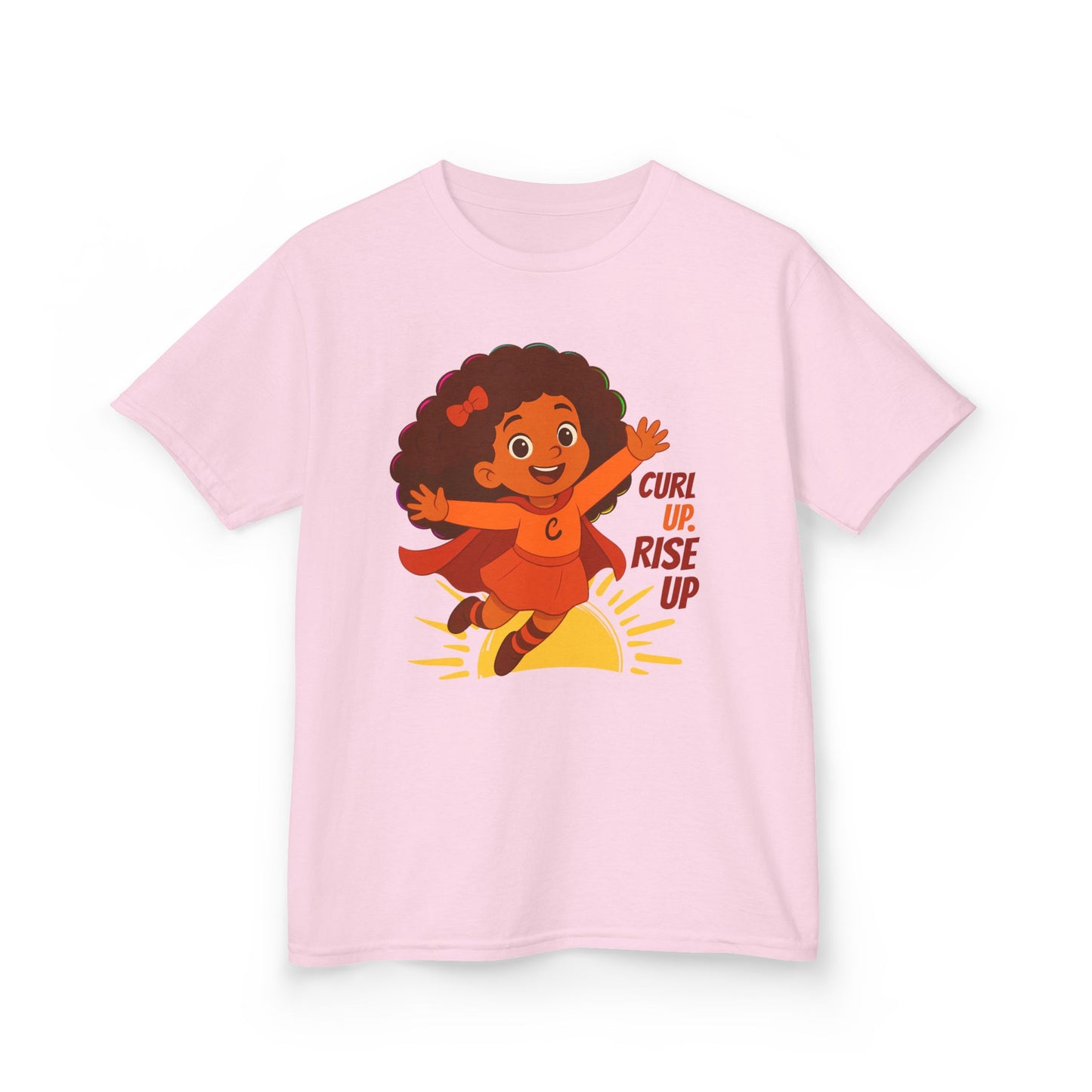 Light pink t-shirt with a curly-haired superhero girl illustration and the text “Curl Up. Rise Up.”