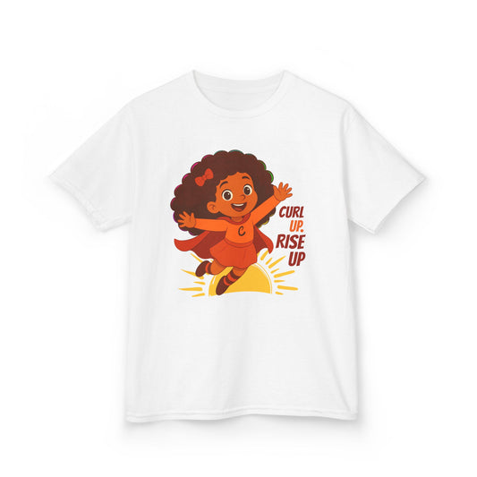 White t-shirt with a curly-haired superhero girl illustration and the text “Curl Up. Rise Up.”