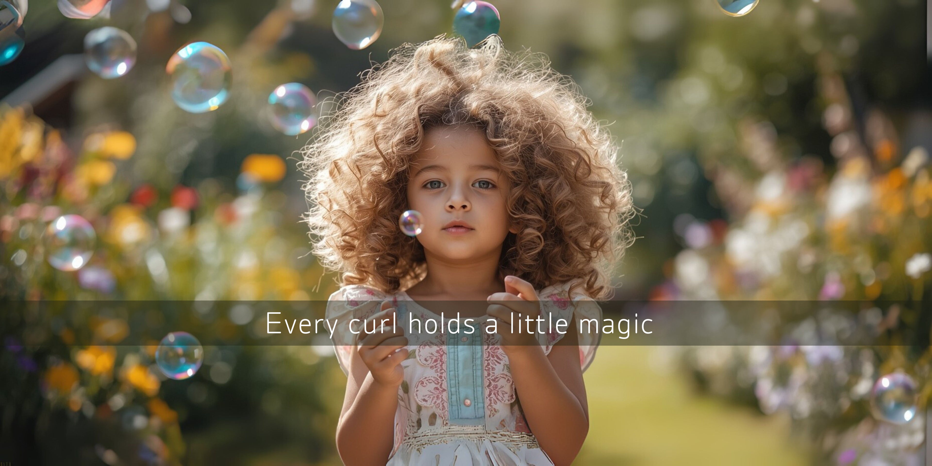 Young curly-haired girl playing with bubbles in a bright garden.