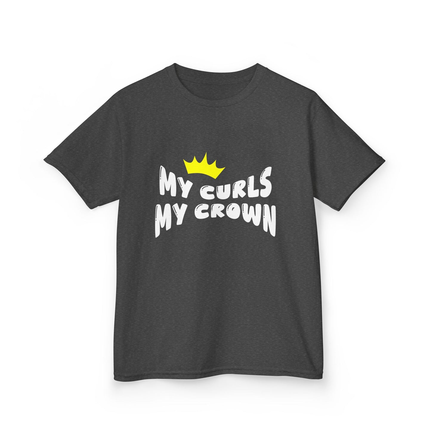 Grey t-shirt with the text “My Curls My Crown” and a yellow crown graphic.
