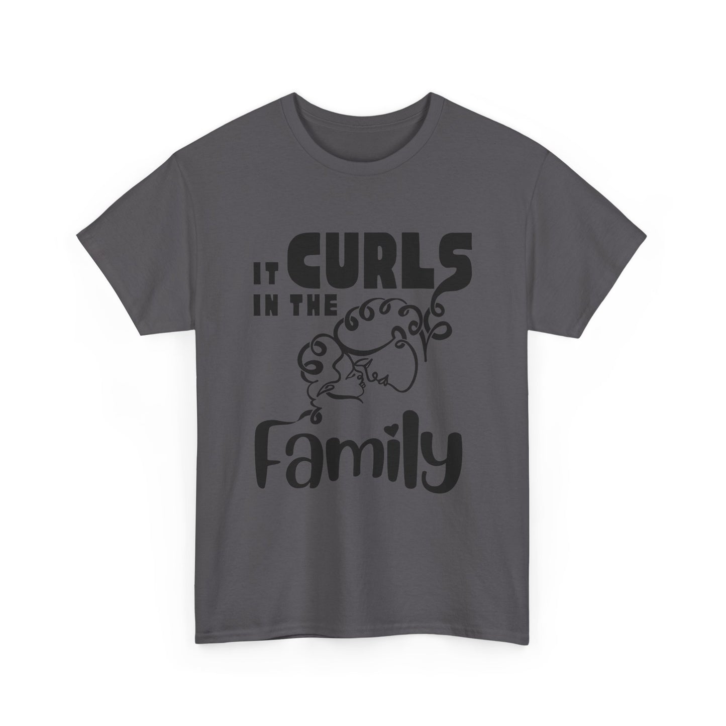 Charcoal t-shirt with the text “It Curls in the Family” and a curly-haired family illustration in black.