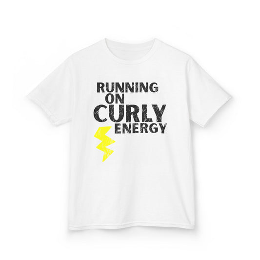 White t-shirt with the text “Running on Curly Energy” and a yellow lightning bolt graphic.