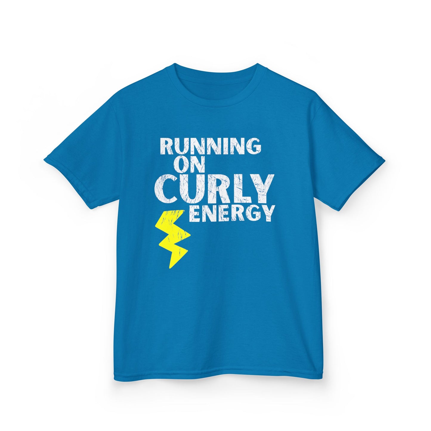 Blue t-shirt with the text “Running on Curly Energy” and a yellow lightning bolt graphic.